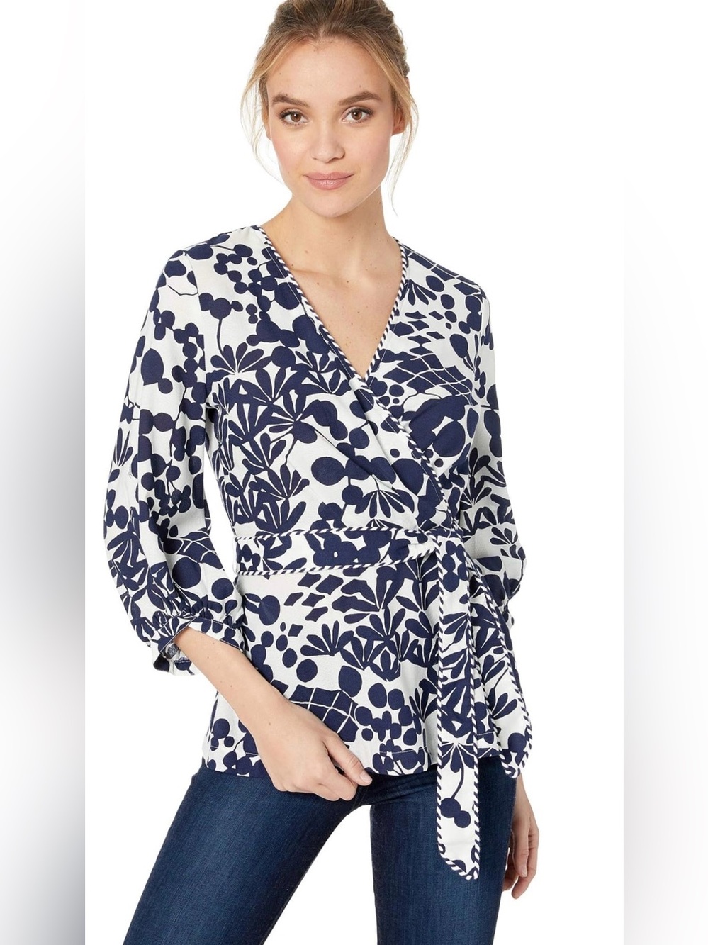 Trina Turk Intermission Blue White Floral Wrap Blouse 3/4 Sleeve Peplum Top